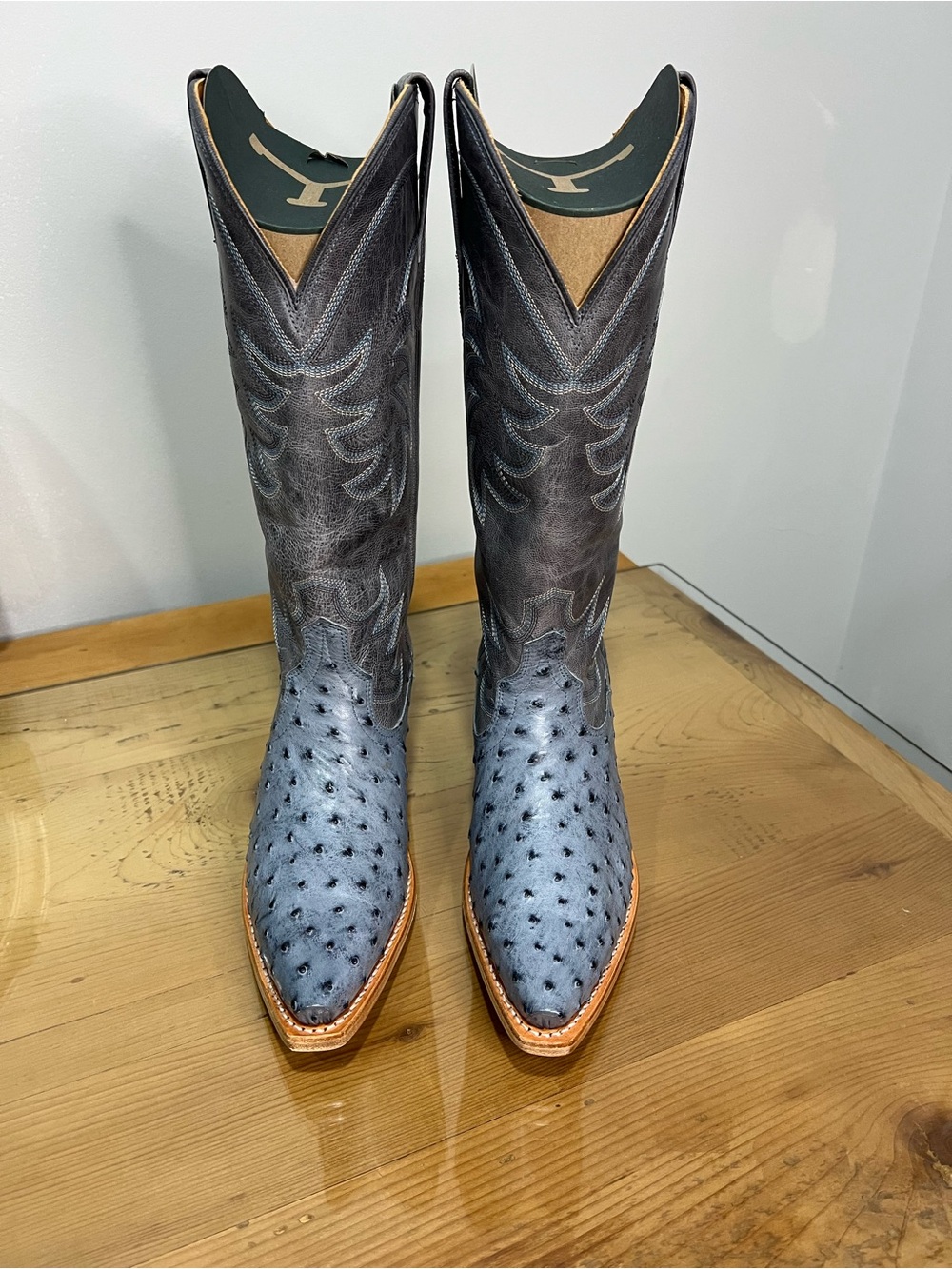 Tecovas The Annie Chambray Ostrich  Cowboy Boots blue NIB